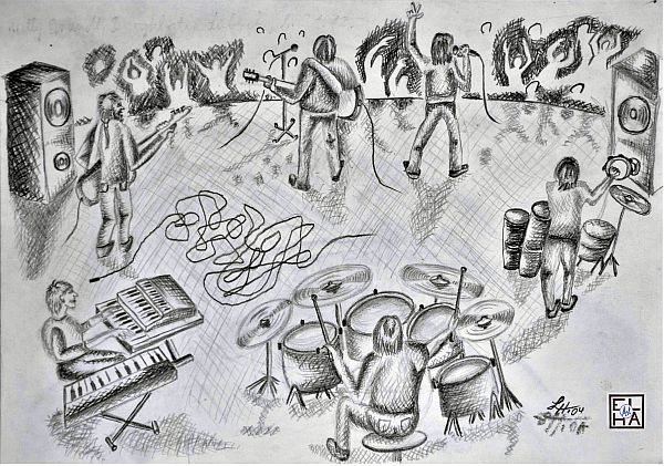 Zeichnungen: Bleistiftzeichnung einer Live-Band